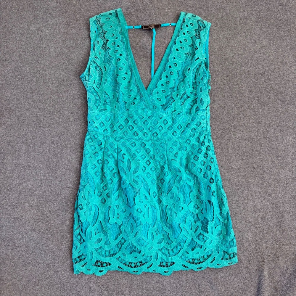L&B Lucky & Blessed Lace Mini Dress Womens M Turquoise  V-Neck Boho